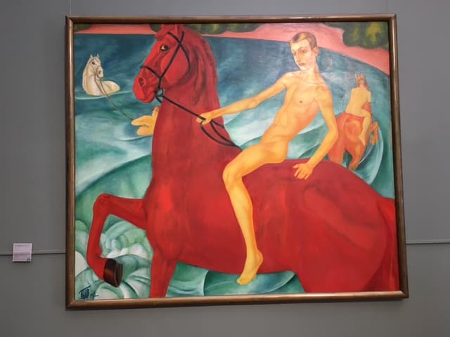 Kuzma Petrov-Vodkin’s Bathing the Red Horse, 1912, in the Tretyakov Gallery.